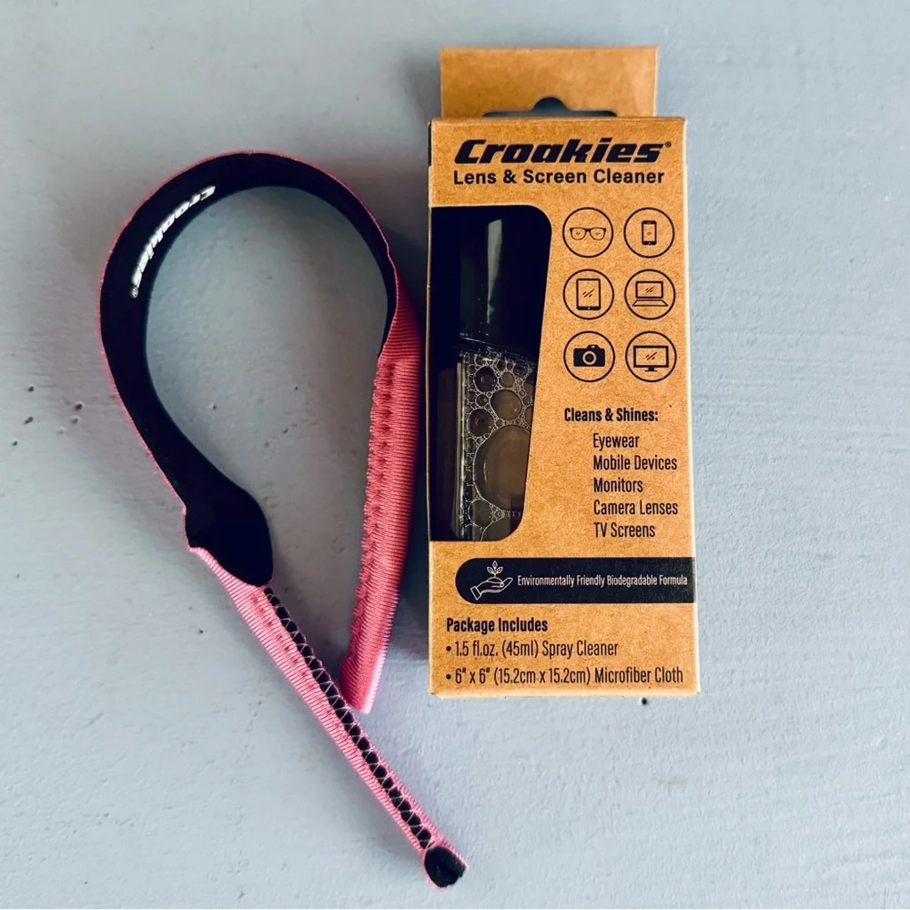 NIB Croakies Original Kids Sport Eyewear Retainer, Lens Cleaner, and Cloth SET